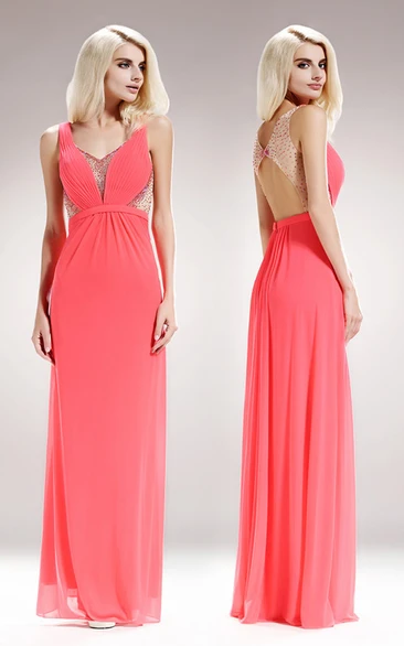 Chiffon Keyhole Sleeveless Bridesmaid Dress with Ruching and Beading