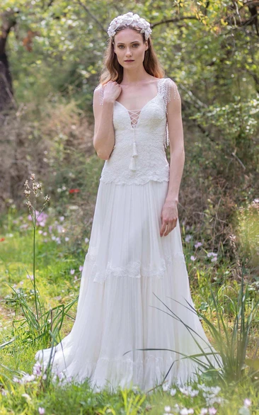 A-Line Wedding Dress with Plunging Neckline Pleats Appliques and Beading Unique Bridal Gown