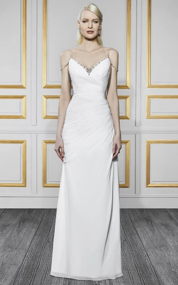 Straps Floor-Length Chiffon Wedding Dress with Side-Draping Brush Train and V Back