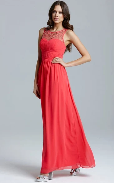 Ruched Chiffon Bridesmaid Dress Ankle-Length with Sleeveless Scoop Neck