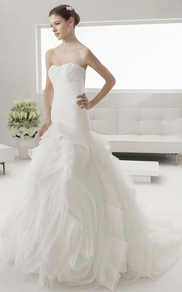 Ruched Bodice Mermaid Bridal Dress with Lace Neck and Floral Organza Skirt