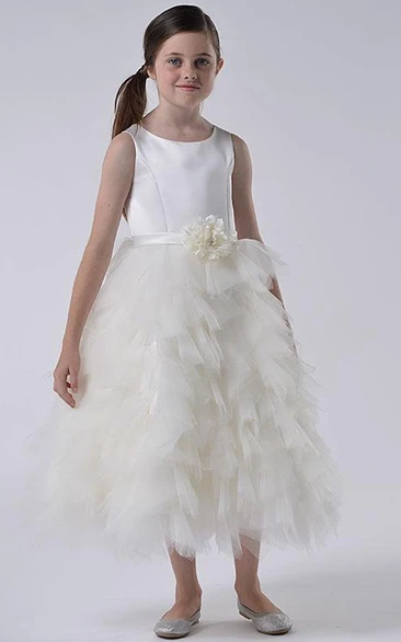 Ruffled Tiered Tulle and Satin Flower Girl Dress with Floral Design