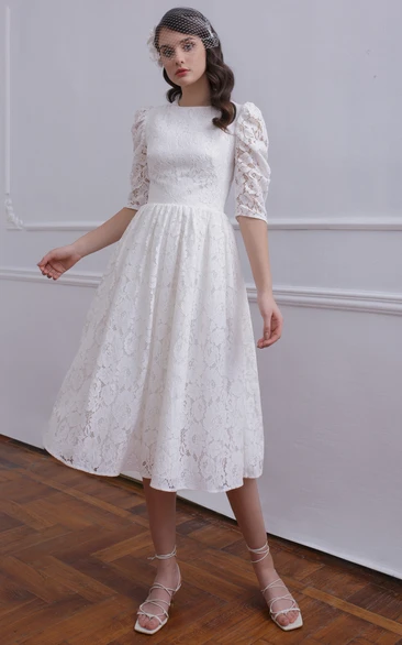 Half Sleeve Lace A Line Wedding Dress with Tea-length and Ruching Vintage Style