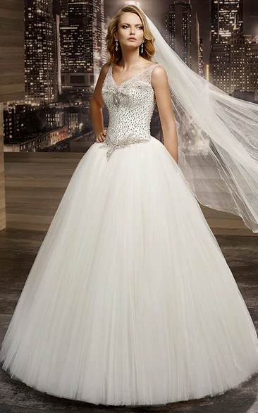 V-Neck Beaded A-Line Wedding Dress with Illusion Straps