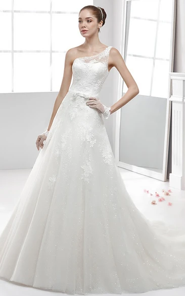 Illusive Strap One-Strap Lace Wedding Dress with Appliques and Flowy Skirt