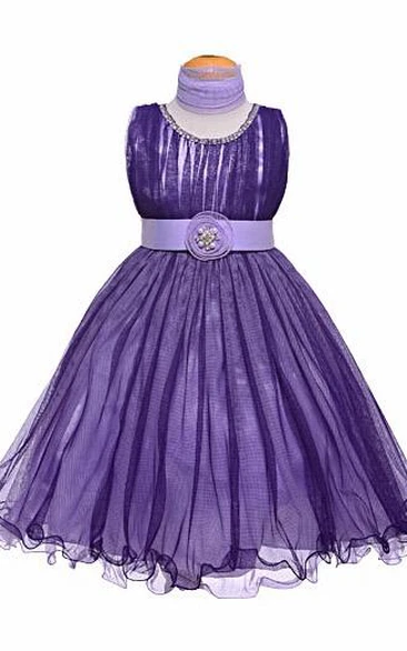 Tiered Tulle and Satin Flower Girl Dress Tea-Length Jewel