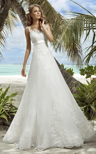 A-Line Organza Lace-Up Dress with Appliques Wedding Dress Floor-Length V-Neck