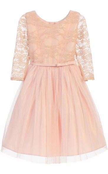 Lace & Satin Tea-Length Flower Girl Dress with Bow Elegant Wedding Dress