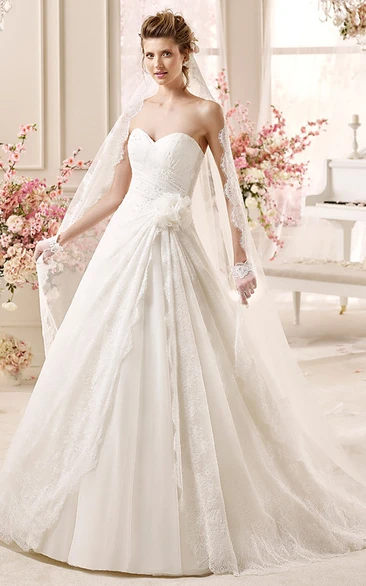 A-line Wedding Dress with Pleats Flowers and Ruching Sweetheart Style