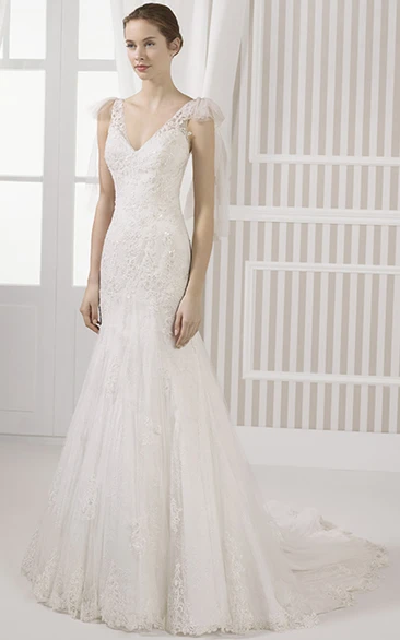 Poet-Sleeve Lace Sheath Wedding Dress with Deep-V Back and Court Train