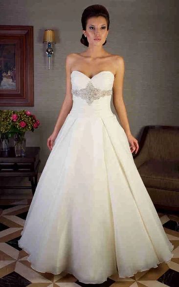 A-Line Organza Wedding Dress with Ruched Sweetheart Neckline and Corset Back Long and Elegant