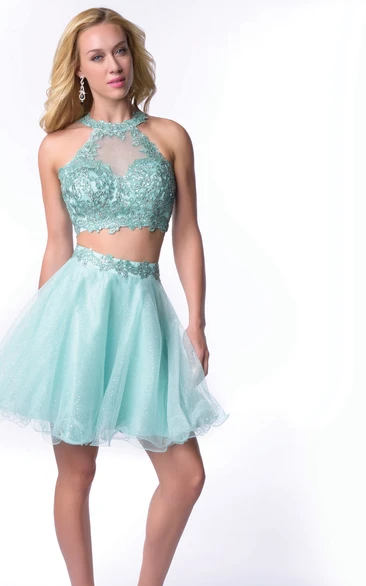 Lace Bodice Tulle Skirt Homecoming Dress with High Neck Two-Piece Elegant 2024