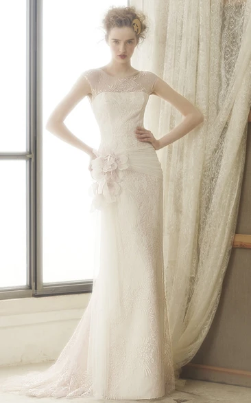 Cap-Sleeve Scoop Neck Floral Lace Sheath Wedding Dress with Illusion Back and Sweep Train