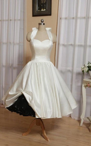 Tea-Length Satin Wedding Dress with Bow and Lace-Up Back Halter Vintage Flowy Chic