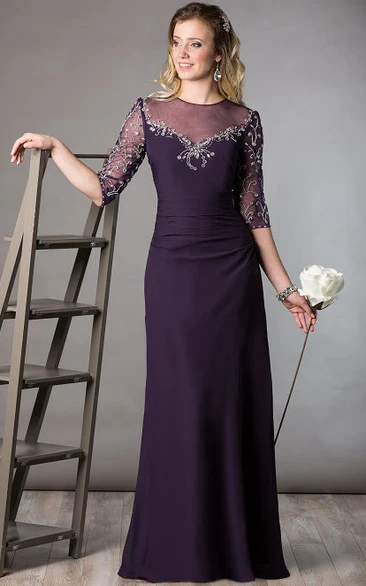 Embroidered Sheath Mother of the Bride Dress Long Sleeve High Neck Crystal Detail Elegant