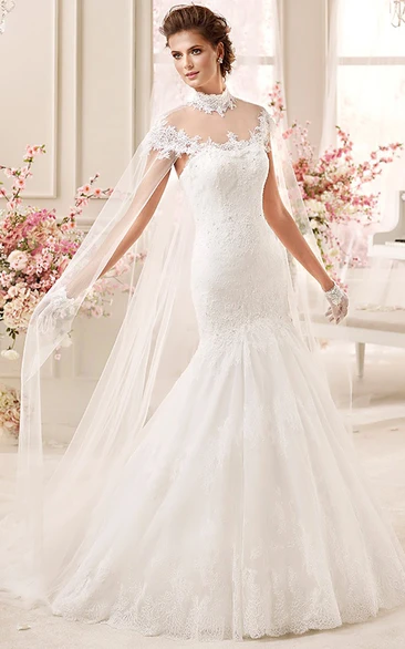 Mermaid Wedding Dress with High-neck Applique and Long Tulle Cap Modern Wedding Dress