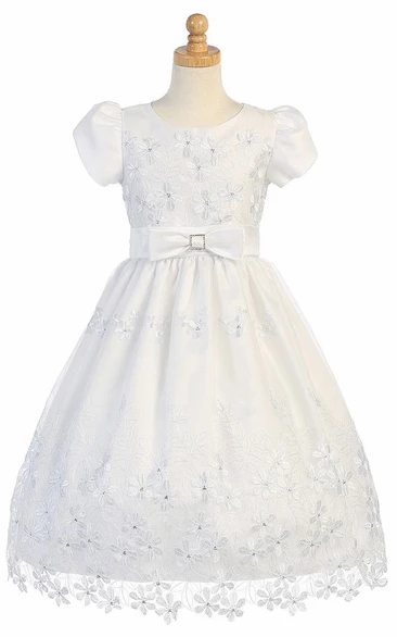 Sequin Bow Tiered Organza Flower Girl Dress in Tea-Length