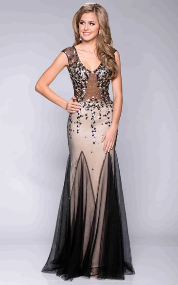 V-Neck Cap Sleeve Sequined Prom Dress with Special Skirt Classy Prom Dress 2024