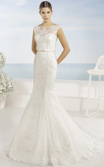 Lace Cap-Sleeve Trumpet Wedding Dress with Illusion Back and Court Train