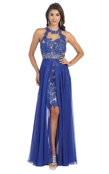Jewel-Neck Chiffon Illusion Dress with Lace and Pleats Formal Dress