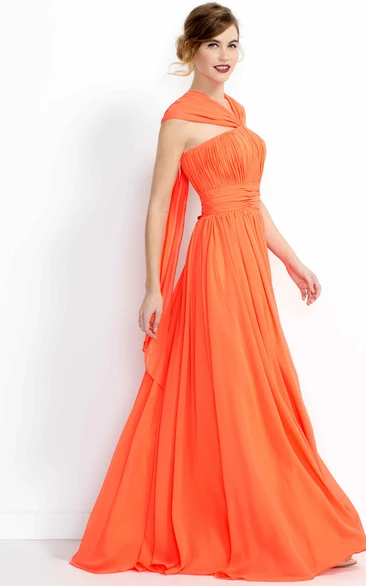 Strapped A-Line Chiffon Bridesmaid Dress with Pleated Bodice and Sleeveless Design