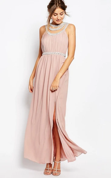 Sleeveless Sheath Chiffon Bridesmaid Dress with Split-Front and Beading