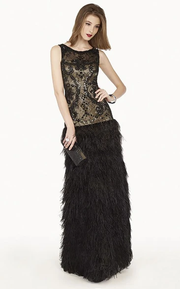 Drop Waist Crystal Feather Lace Long Prom Dress with Scoop Neckline