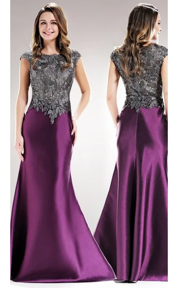 Mermaid Satin Illusion Bridesmaid Dress with Cap Sleeves and Appliques