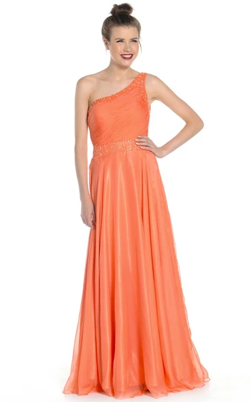 Beaded Satin&Tulle One-Shoulder Prom Dress with Jewelled Waist and Ruching