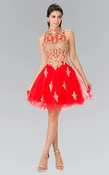 Tulle A-Line Dress With Ruffles Appliques and High Neck