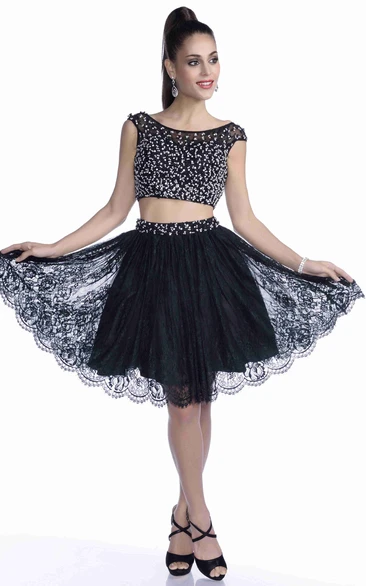 Two-Piece Beaded A-Line Prom Dress with Lace Skirt Unique Women's Formal Dress