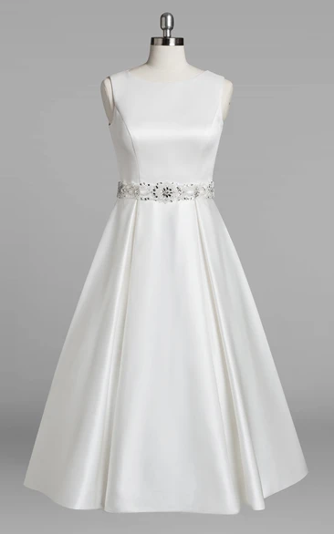 Beaded Satin A-Line Tea-Length Wedding Dress with Jewel Neck