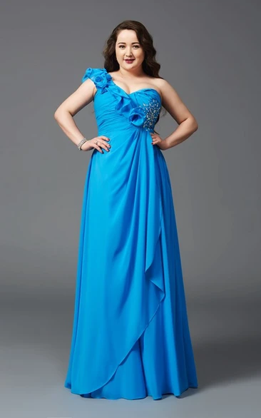 Chiffon One-Shoulder A-Line Formal Dress with Draping & Beading