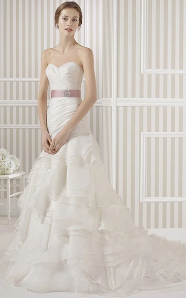 Long A-Line Organza Wedding Dress with Sweetheart Neckline Criss Cross and Tiers Classic Wedding Dress