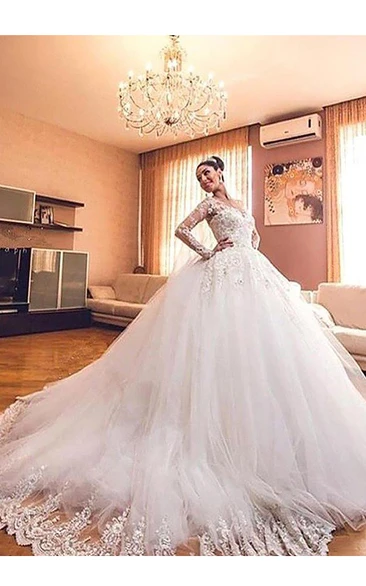 Lace Tulle V-Neck Ball Gown Wedding Dress