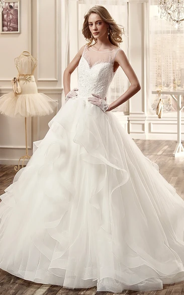 Cap-Sleeve Wedding Dress with Illusion and Ruched Skirt Classic Bridal Gown