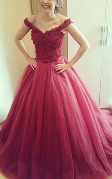 Lace Applique Off-Shoulder Prom Dress with Princess Style
