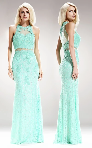 Jewel-Neck Lace Illusion Maxi Dress with Appliques and Sleeves