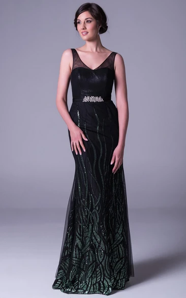 Sequined Sheath Prom Dress with Long V-Neck and Beading