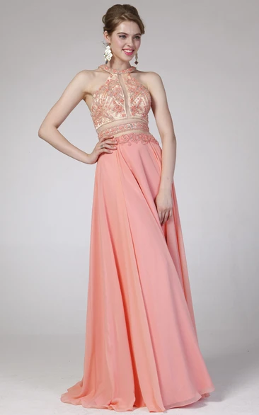 A-Line Chiffon Straps Bridesmaid Dress with Beading and Pleats High Neckline