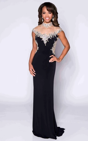 Keyhole Back Cap Sleeve Jersey Prom Dress with Shining Top High Neck & Chic