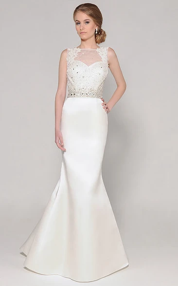 Jeweled Satin Wedding Dress with Appliques and Sweep Train Long Sleeveless Bridal Gown