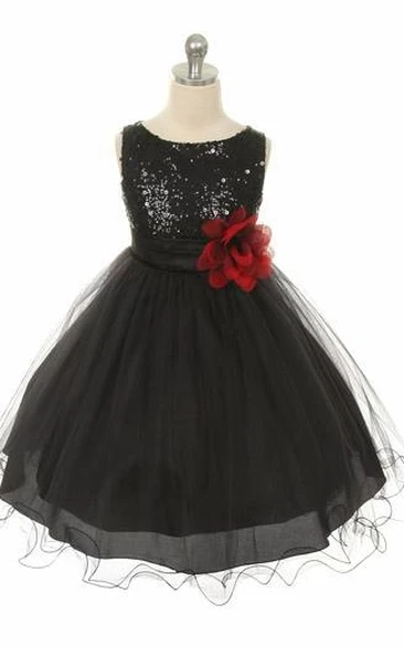 Floral Sequins&Satin Flower Girl Dress Tea-Length Sash Modern