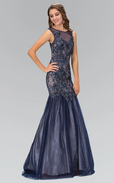 Illusion Maxi Mermaid Prom Dress with Beading and Appliques