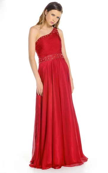 Chiffon One-Shoulder Ruched Sleeveless Prom Dress with Beading Classy Prom Dress