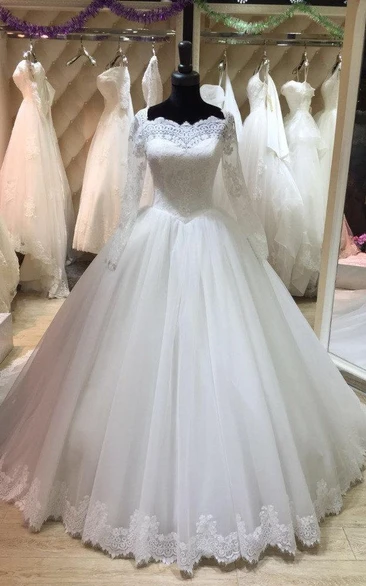 Tulle Ball Gown with Illusion Sleeve and Lace Hemline Elegant Wedding Dress