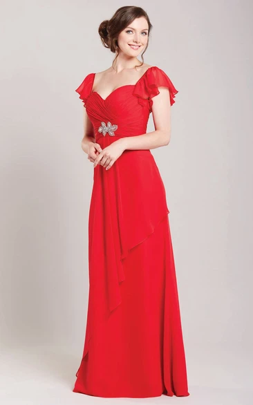 Sweetheart Poet-Sleeve Chiffon Bridesmaid Dress with Ruching Floor-Length