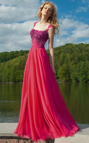 Crystal Cap-Sleeve Chiffon Prom Dress Long & Pleated