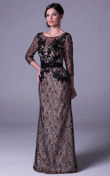 Long Sheath Prom Dress with 3-4-Sleeve Appliqued Sequins Beading and Bow