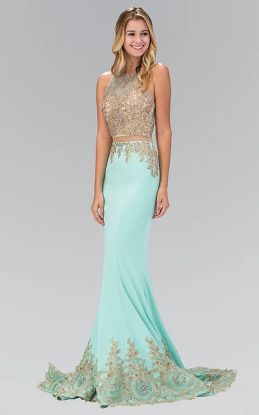 Scoop-Neck Sleeveless Jersey Two-Piece Formal Dress with Beading and Appliques Sheath Long